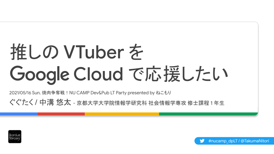 推しの VTuber を Google Cloud で応援したい - 焼肉争奪戦!NU CAMP Dev&Pub LT Party presented by ねこもり